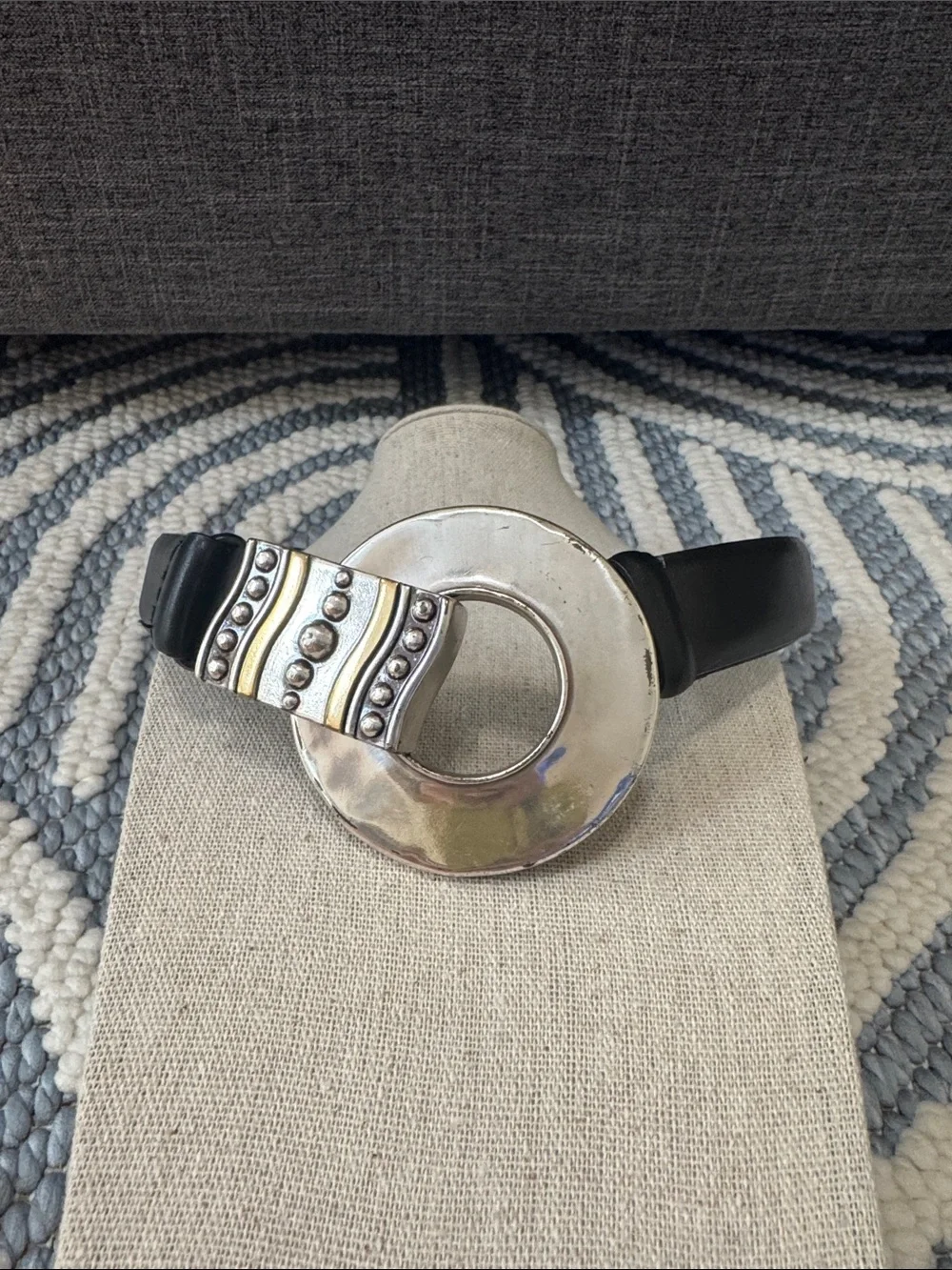 Vintage Chicos Leather Adjustable Belt Mixed Metal Statement Buckle Boho Art